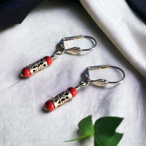 Delicate Red Earrings with Silver Accents